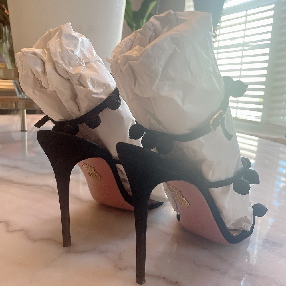 Aquazzura Black Pom Pom Sandals - Picture 8 of 11